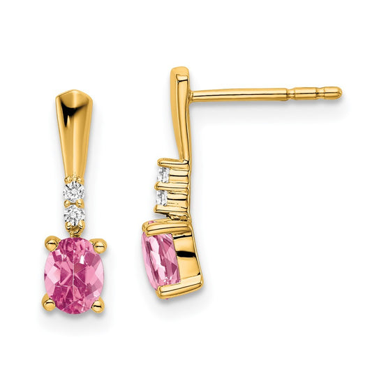 14k Yellow Gold Oval Pink Tourmaline and Diamond Dangle Earrings
