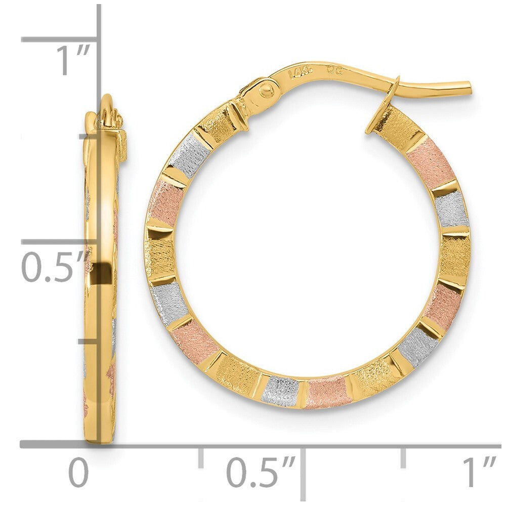 14k Yellow Gold White & Rose Rhodium Polished & Satin Hoop Earrings