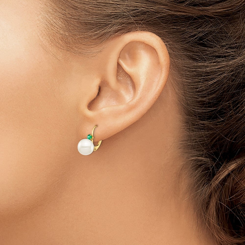 14k Yellow Gold 8-8.5mm Cultured Pearl & Emerald Leverback Earrings for Women
