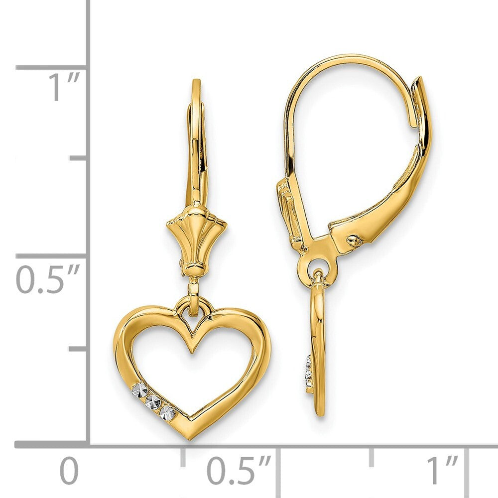 14k Yellow Gold & White Rhodium Diamond-Cut Heart Dangle Earrings Leverback