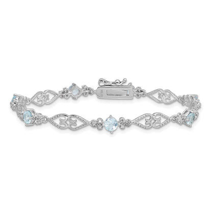 Sterling Silver Rhodium-plated Diamond Aquamarine Bracelet