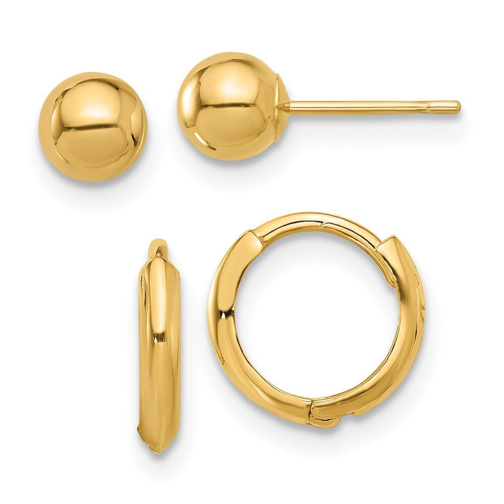 14k Yellow Gold Polished 5mm Ball and Hinged Hoop Earring Set Gift for Women