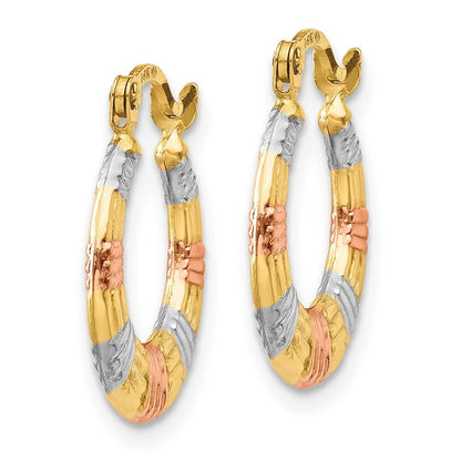 14k Yellow Gold & White and Rose Rhodium Hollow Textured Hoop Earrings