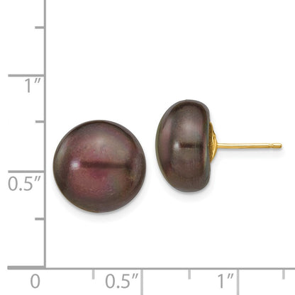 14k Yellow Gold 12-13mm Black Button Freshwater Cultured Pearl Stud Earrings