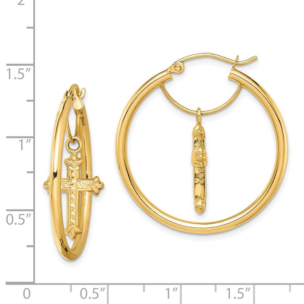 14k Yellow Gold with Diamond-Cut Cross Dangle Hoop Earrings