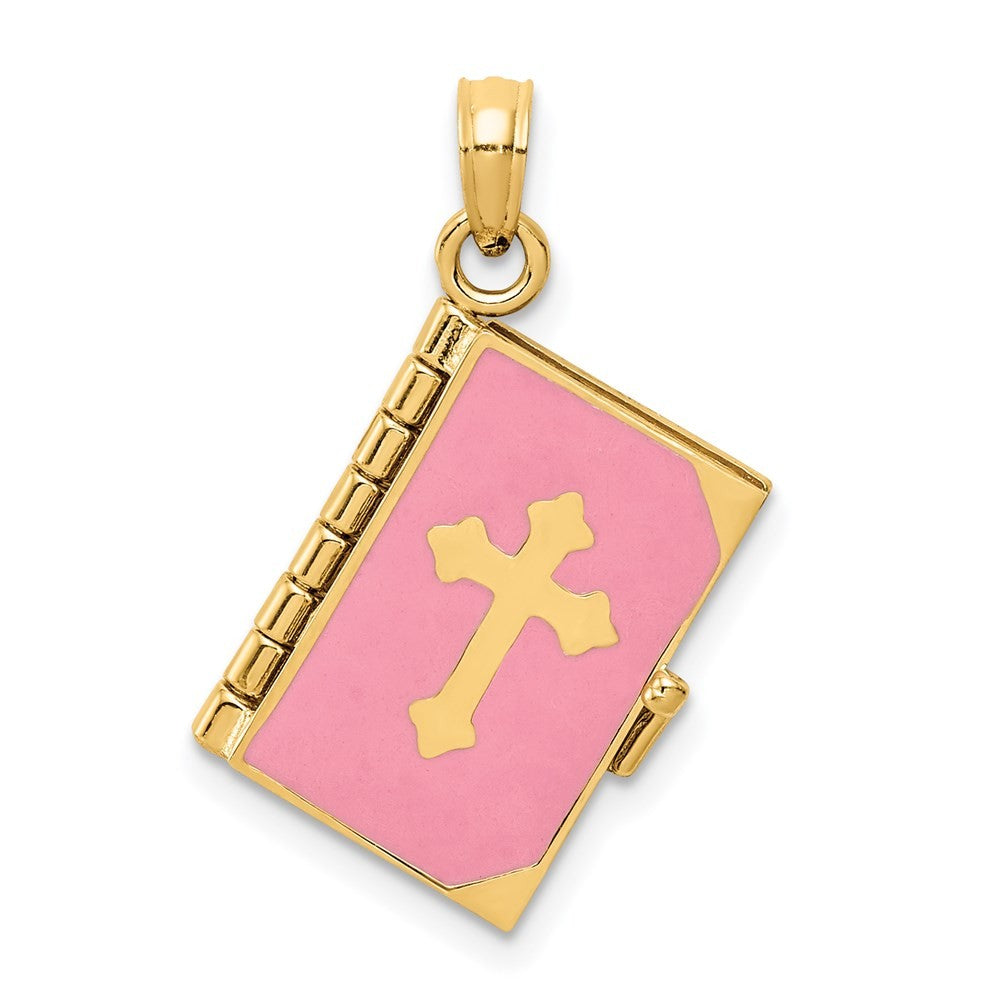14k Yellow Gold 3D Pink Enameled Lord's Prayer Bible Pendant