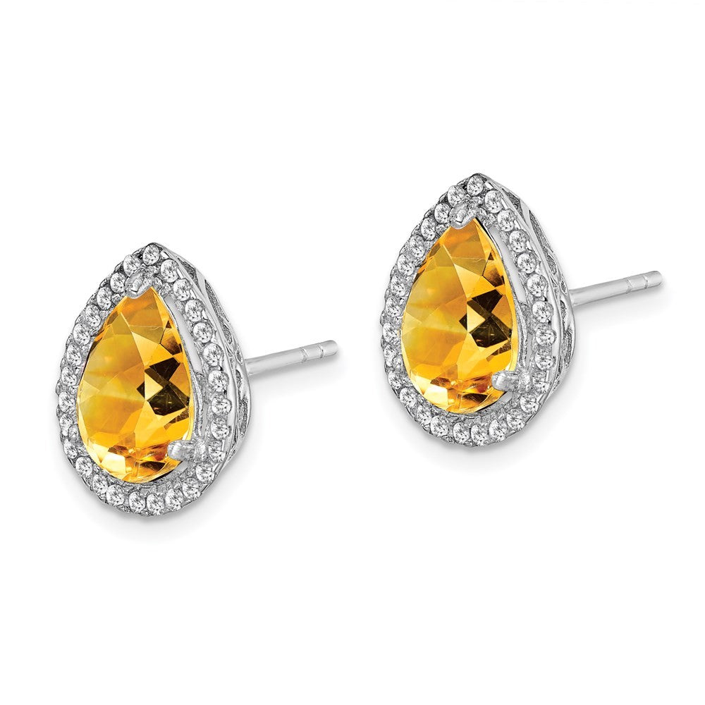 Sterling Silver Rhodium Polished Citrine & CZ Earrings
