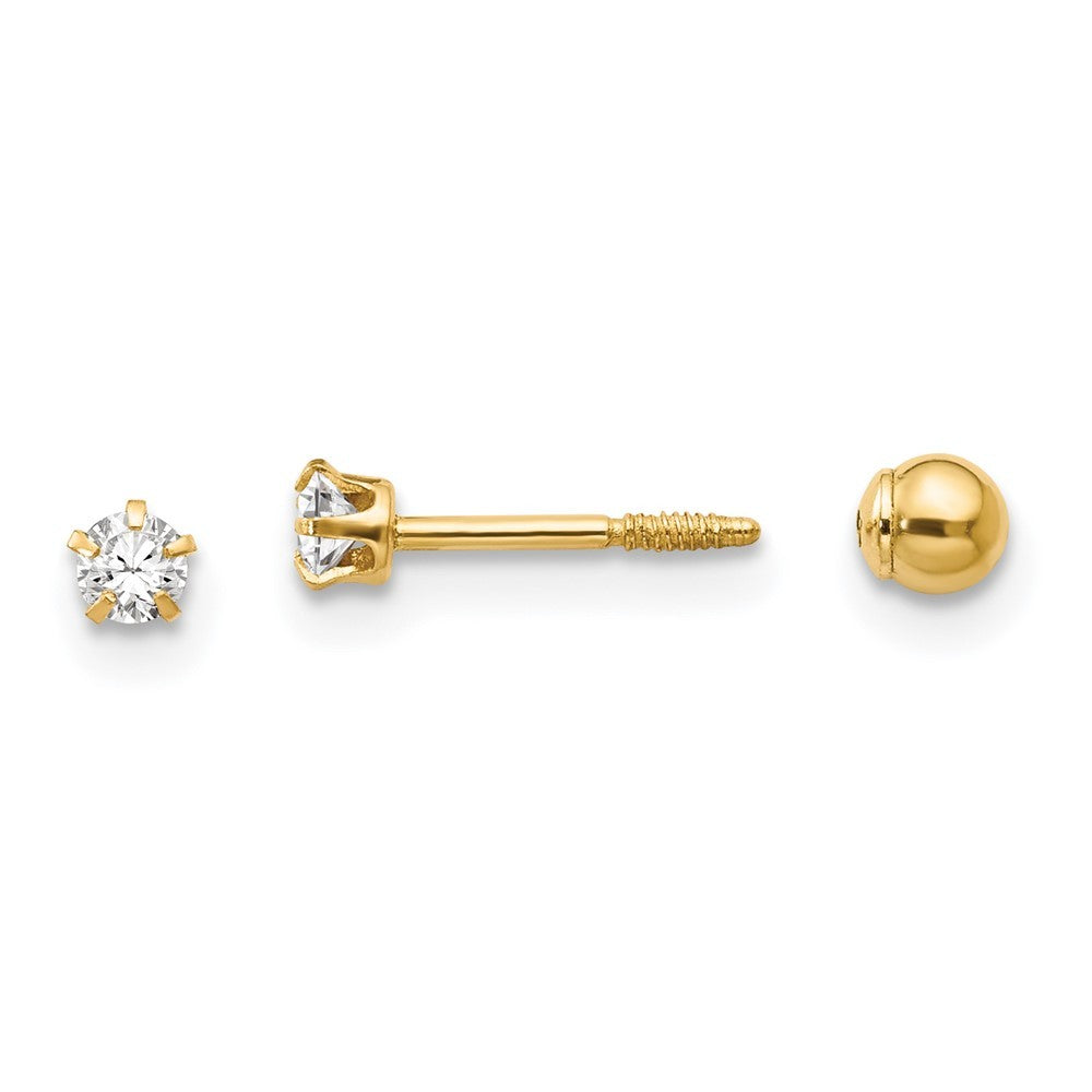 14k Yellow Gold Polished Reversible Crystal & 3mm Ball Earrings