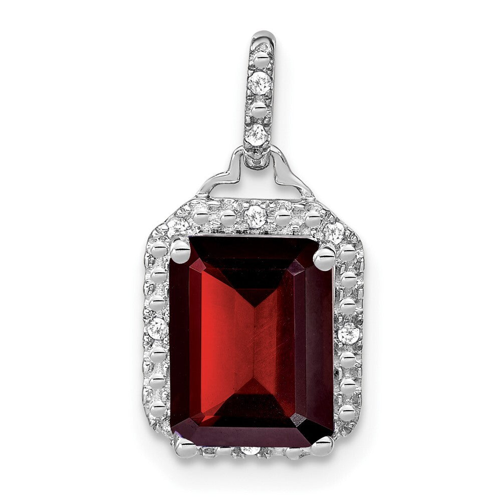 14k White Gold Emerald-cut Garnet and Diamond Halo Pendant for Women