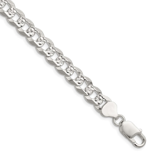 Sterling Silver 8.25mm Flat Diamond-Cut Pave Curb Chain Bracelet