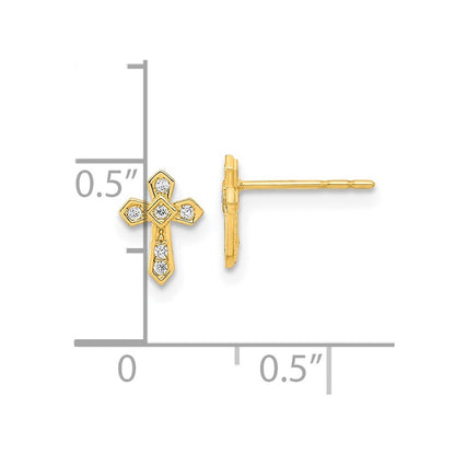 14k Yellow Gold Polished Cross Cubic Zirconia Stud Earrings Gift for Women