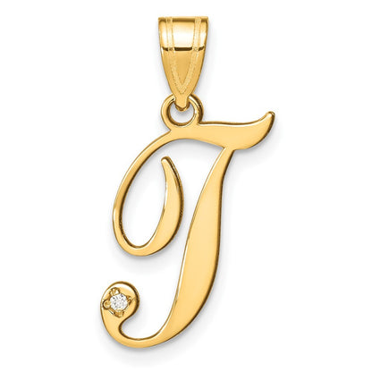 14k Yellow Gold Script Letter T Initial Pendant with Diamond for Women