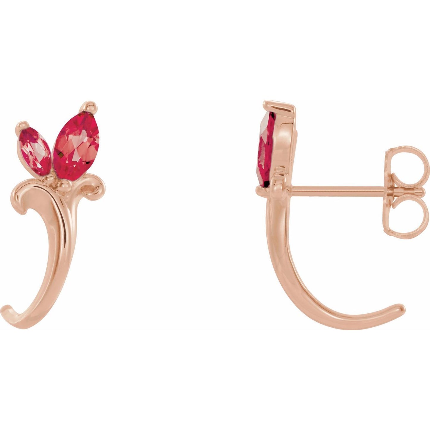 Gift for Mothers 14k Rose Gold Natural Ruby Floral J-Hoop Earrings Fine Jewelry