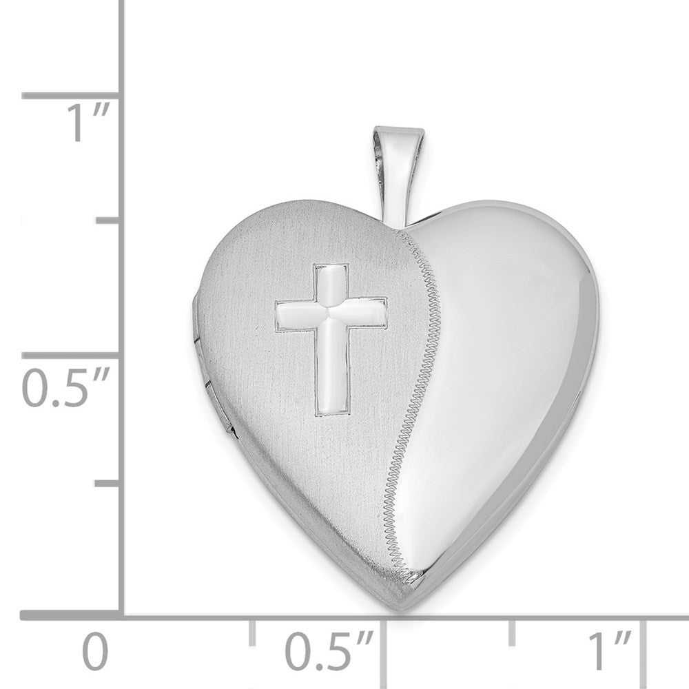 Sterling Silver Rhodium-plated 20mm Satin Polished Cross Heart Locket