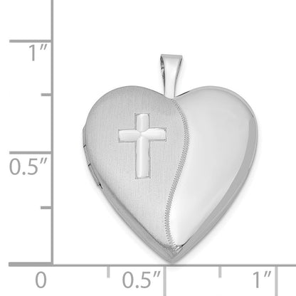 Sterling Silver Rhodium-plated 20mm Satin Polished Cross Heart Locket
