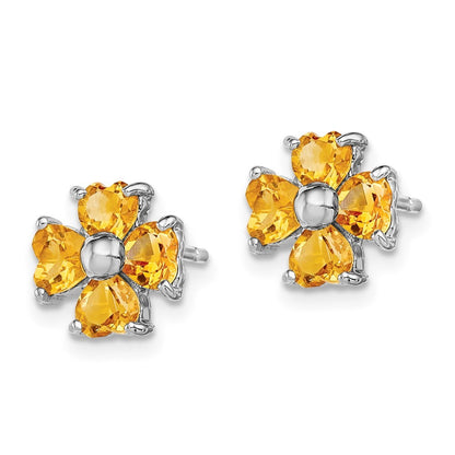 Sterling Silver Rhodium Plated Citrine Flower Earrings