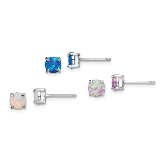 Sterling Silver Polished Pink Blue 6mm Created Opal Stud Earrings 3 Pair Set