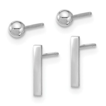 14K White Gold Polished 3mm Ball and Bar Earring Set Gift for Women