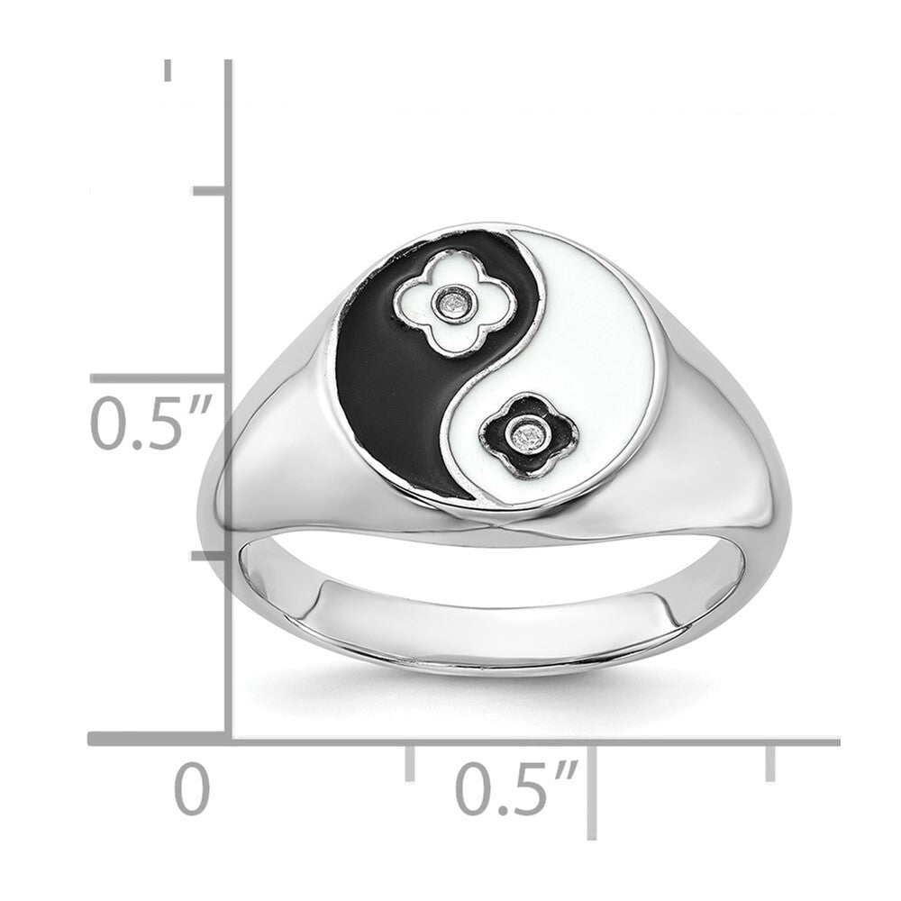 Sterling Silver Rhodium-plated Enameled Yin Yang CZ Ring Size 8