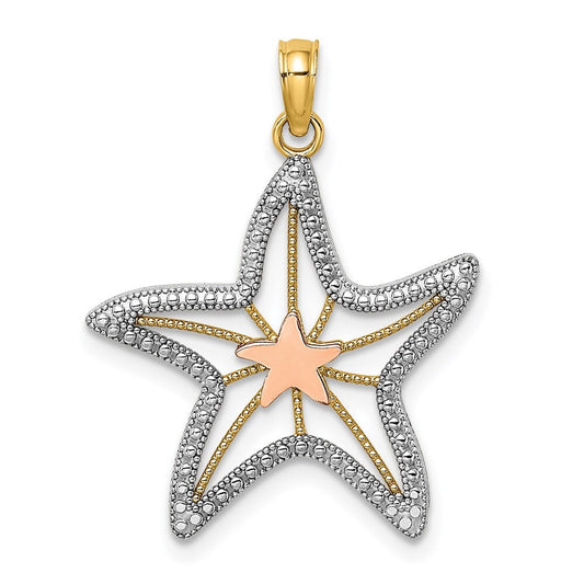 14k Two-tone Gold  White Rhodium Cut-Out Small Starfish Charm Pendant
