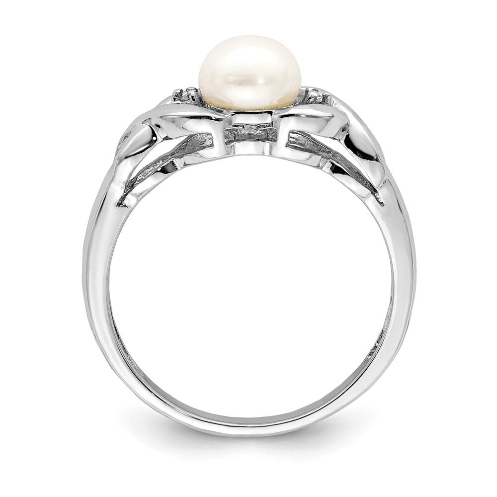 Sterling Silver Rhodium FW Cultured Button Pearl & Diamond Ring Size 7