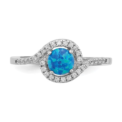 Sterling Silver Rhodium-plated Created Blue Opal /Cubic Zirconia Halo Ring SZ 8