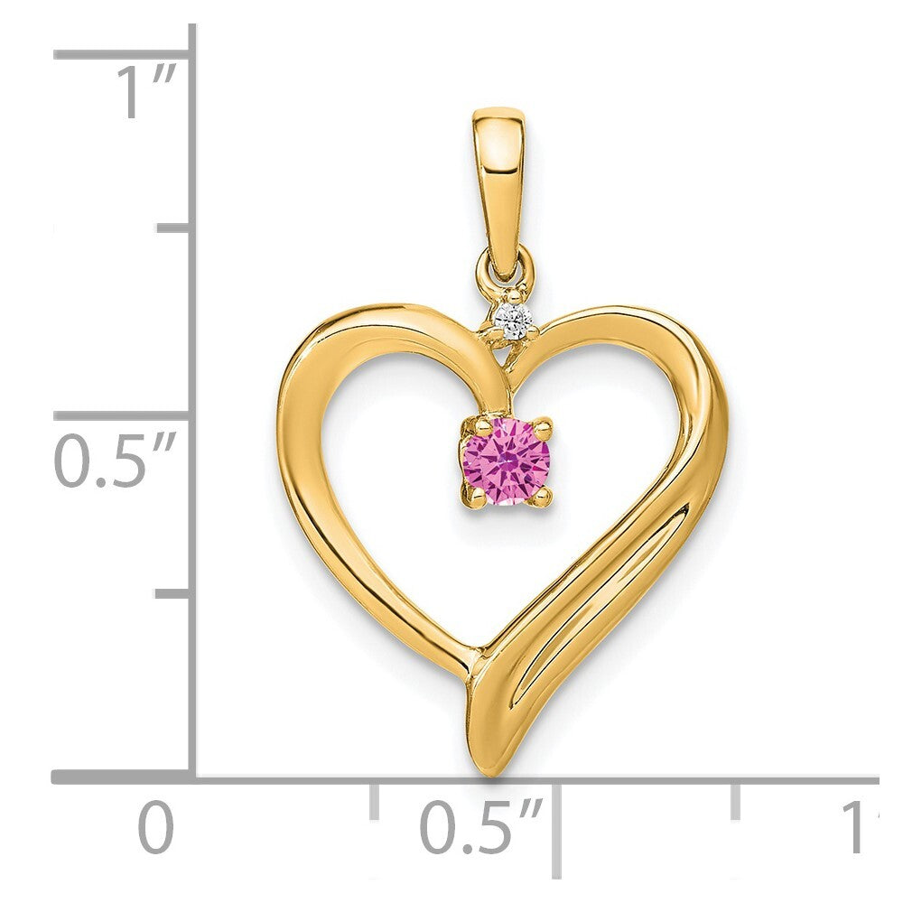 14k Yellow Gold Created Pink Sapphire and Diamond Heart Pendant for Women