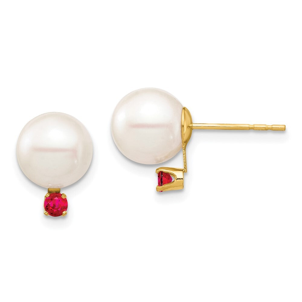 14k Yellow Gold 8-8.5mm Freshwater Cultured Pearl and .18RU Ruby Stud Earrings