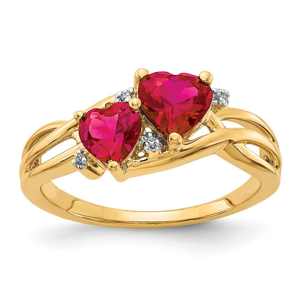 14K Yellow Gold Lab Created Ruby and Diamond Double Heart Ring Size 7