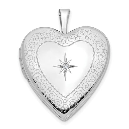 14k White Gold Diamond Side Swirl Edge 20mm Heart Locket Pendant for Women