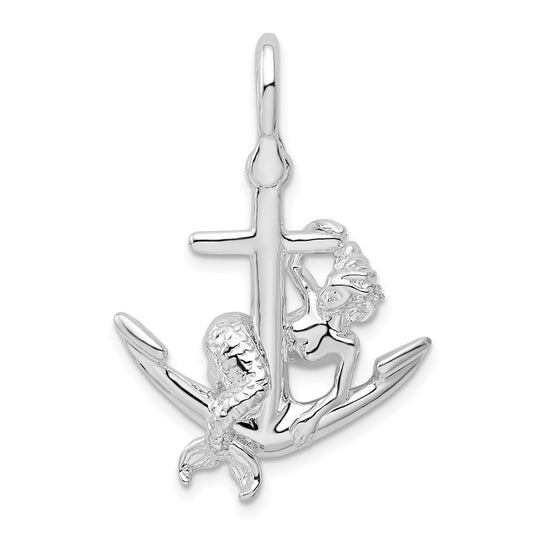 Sterling Silver Rhodium-Plated Polished 3D Anchor with Mermaid Pendant