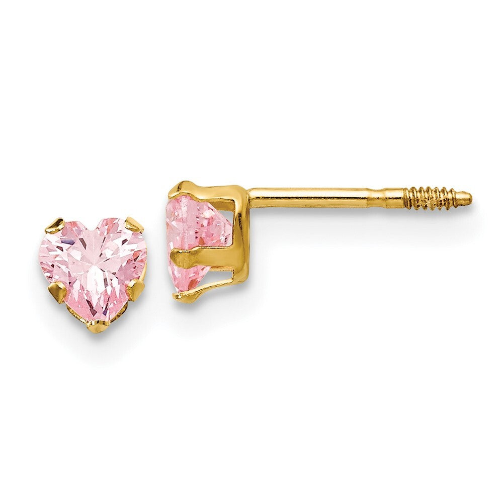 14k Yellow Gold 4mm Pink Cubic Zirconia Heart Stud Earrings Gift for Women