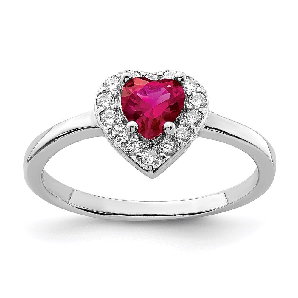 Sterling Silver Rhodium-plated Created Corundum & Cubic Zirconia Heart Ring SZ 8