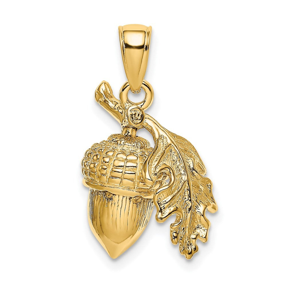14k Yellow Gold 3-D Acorn w Leaf Pendant