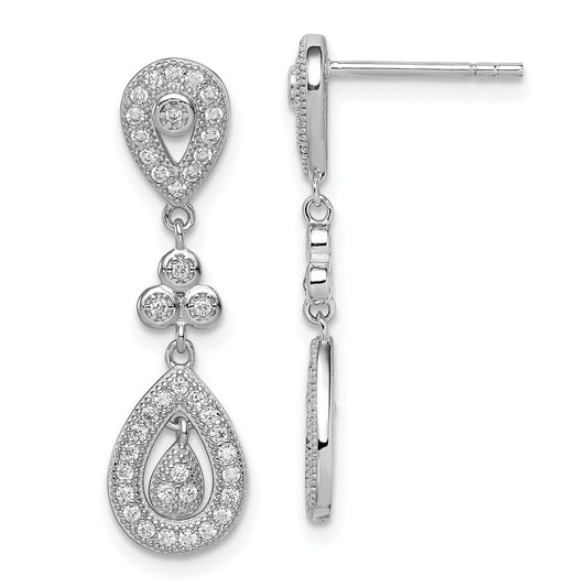Sterling Silver Rhodium-plated Cubic Zirconia Pav� Pear Dangle Post Earrings