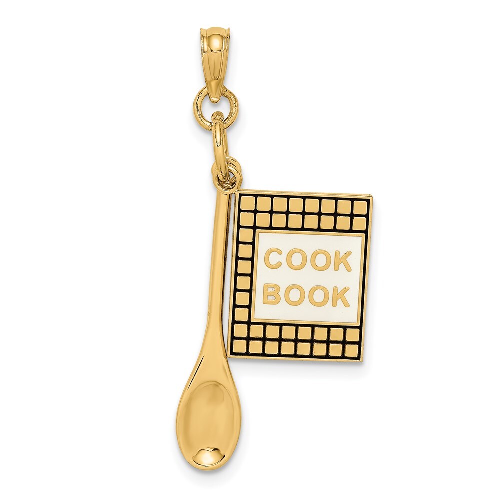 14k Yellow Gold 3-D Cook Book  Black Enamel and Spoon Charm Pendant for Women