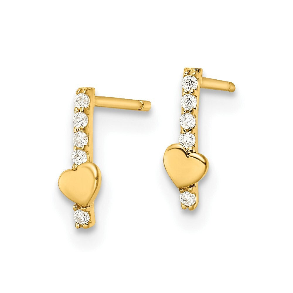 14k Yellow Gold Polished Line of Cubic Zirconia's and Heart Stud Earrings