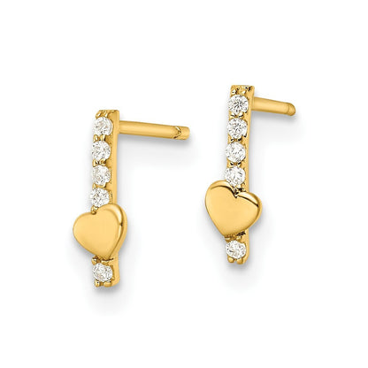 14k Yellow Gold Polished Line of Cubic Zirconia's and Heart Stud Earrings