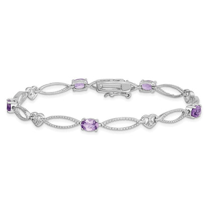 Sterling Silver Rhodium-plated Diamond & Amethyst Oval Diamond-Cut Bracelet