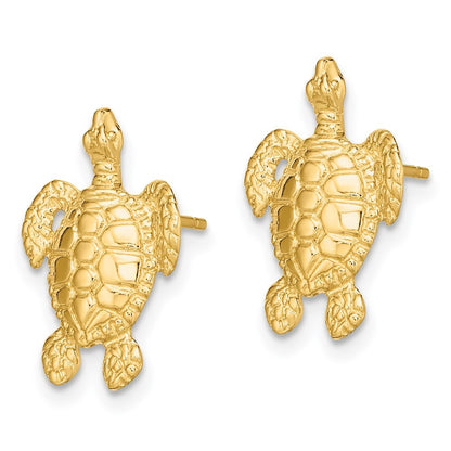 14k Yellow Gold Polished and Textured Sea Turtle Earrings