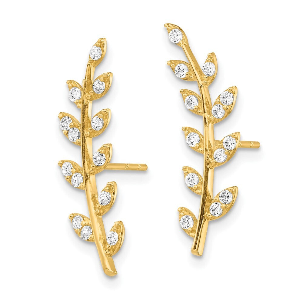 14k Yellow Gold Cubic Zirconia Fern Ear Climber Stud Earrings Gift for Women