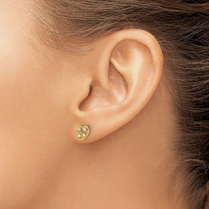 14k Yellow Gold Polished Cubic Zirconia Hearts Stud Earrings Gift for Women