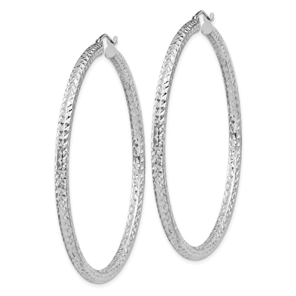 Sterling Silver Rhodium-plated Diamond-cut 3x55mm Hoop Earrings