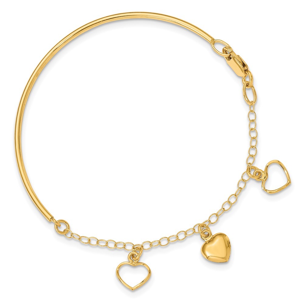 14k Yellow Gold Polished Dangle Heart Chain Bracelet Half Bangle 7 inch Bracelet