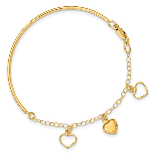 14k Yellow Gold Polished Dangle Heart Chain Bracelet Half Bangle 7 inch Bracelet
