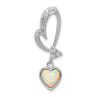 Sterling Silver Rhodium Plated Opal and Cubic Zirconia Heart Pendant