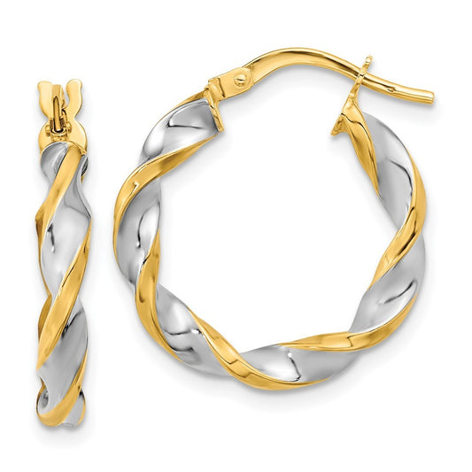 14k Yellow Gold & White Rhodium Polished & Twist Hoop Earrings