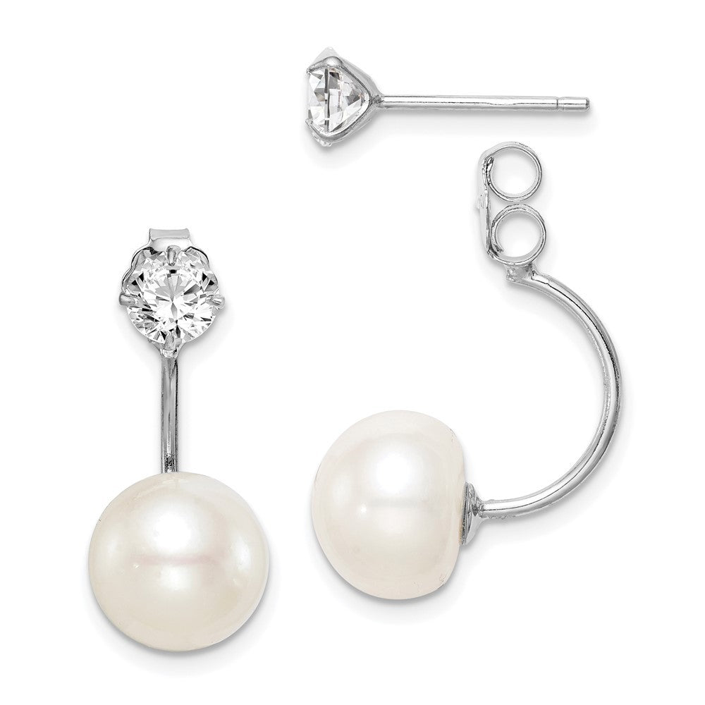 Sterling Silver 9mm Freshwater Cultured Pearl & CZ Front & Back Dangle Earrings