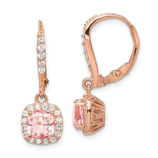 Sterling Silver Rose-tone Pink Crystal & Cubic Zirconia Halo Dangle Earrings