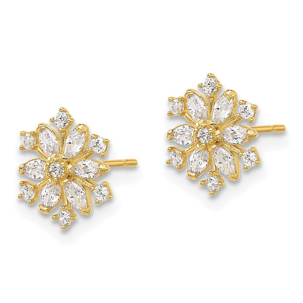 14k Yellow Gold Polished Cubic Zirconia Snowflake Stud Earrings Gift for Women